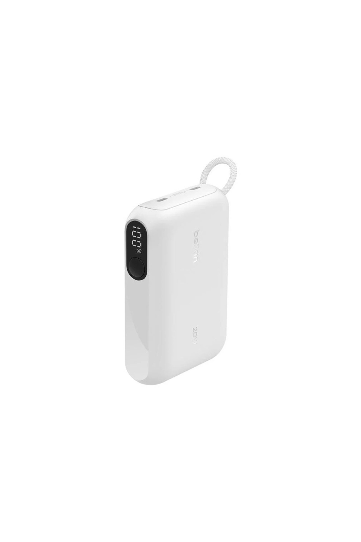 Un caricatore portatile bianco mostra 100% con un anello.