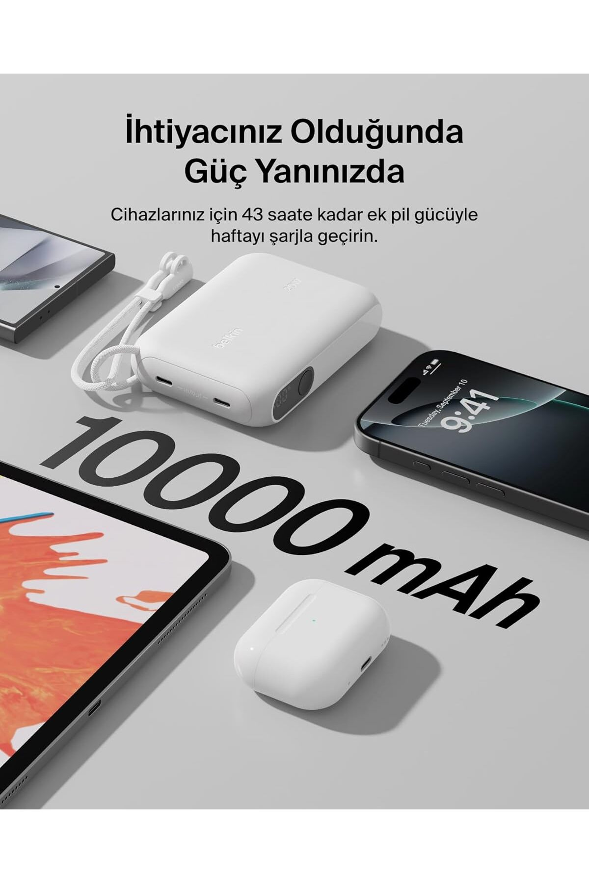 Un power bank bianco da 10000 mAh accanto a uno smartphone, tablet e auricolari.