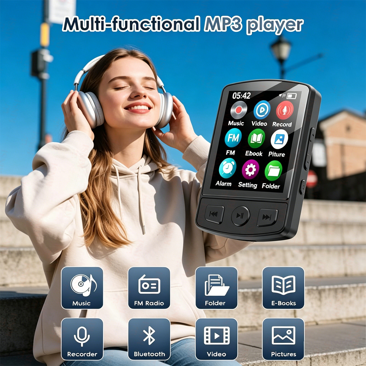 Frau mit Kopfhörern genießt Musik, hält MP3-Player mit Menüoptionen.