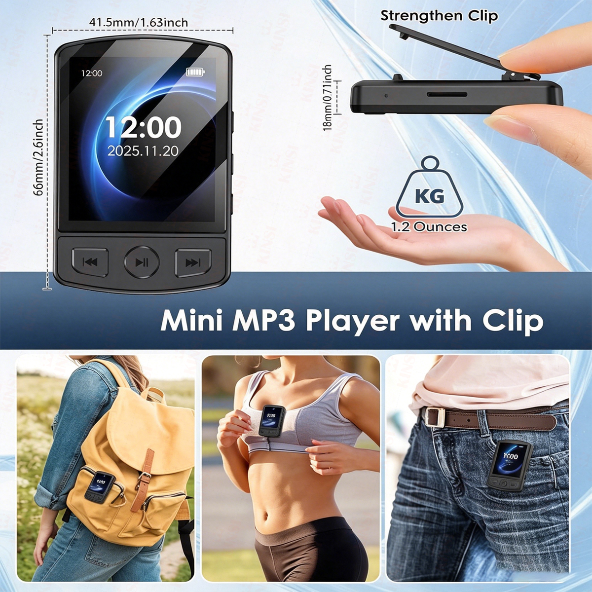 Mini-MP3-Player mit Clip, Maße 66x41,5x18mm, Gewicht 1,2 Unzen.