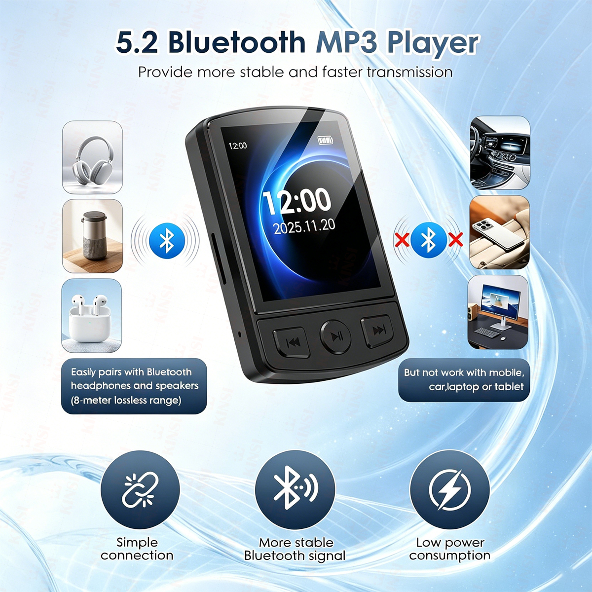 Ein schwarzer MP3-Player mit 5.2 Bluetooth, der mit Kopfhörern und Lautsprechern verbunden wird.