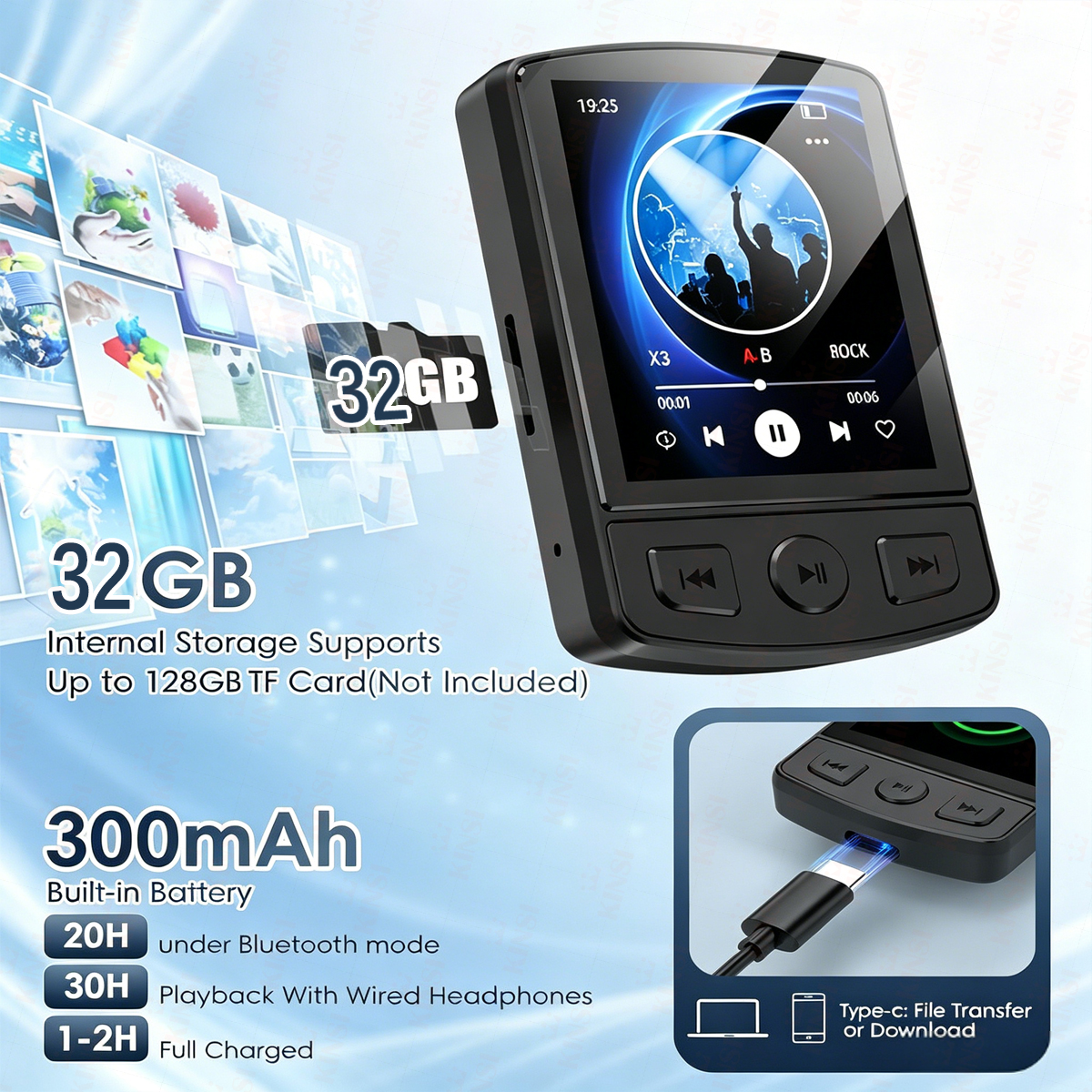 Schwarzer MP3-Player mit 32GB Speicher, 300mAh Akku und Typ-C-Anschluss.