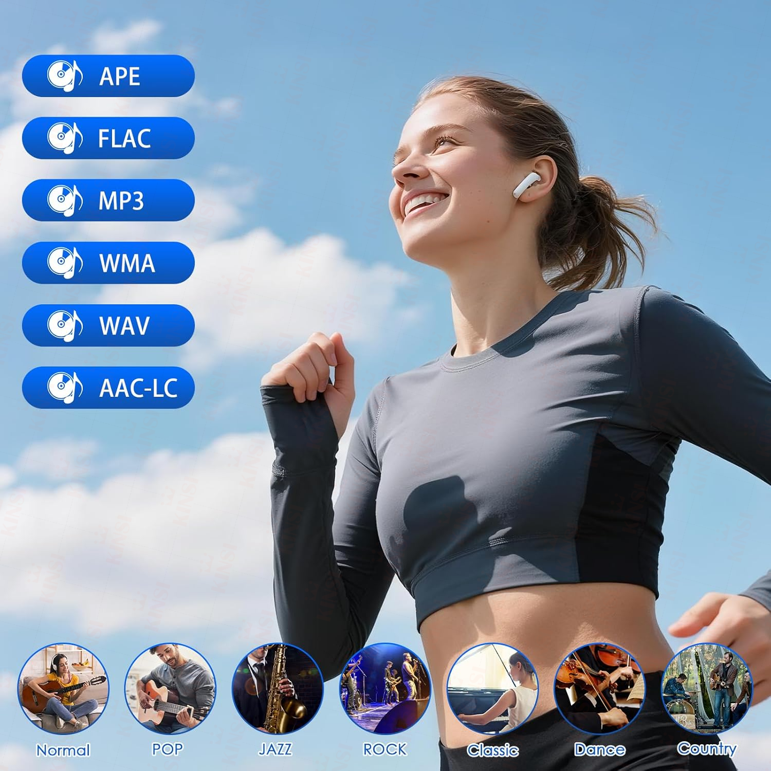 Lächelnde Frau beim Joggen mit verschiedenen Musikgenres und Audioformaten.