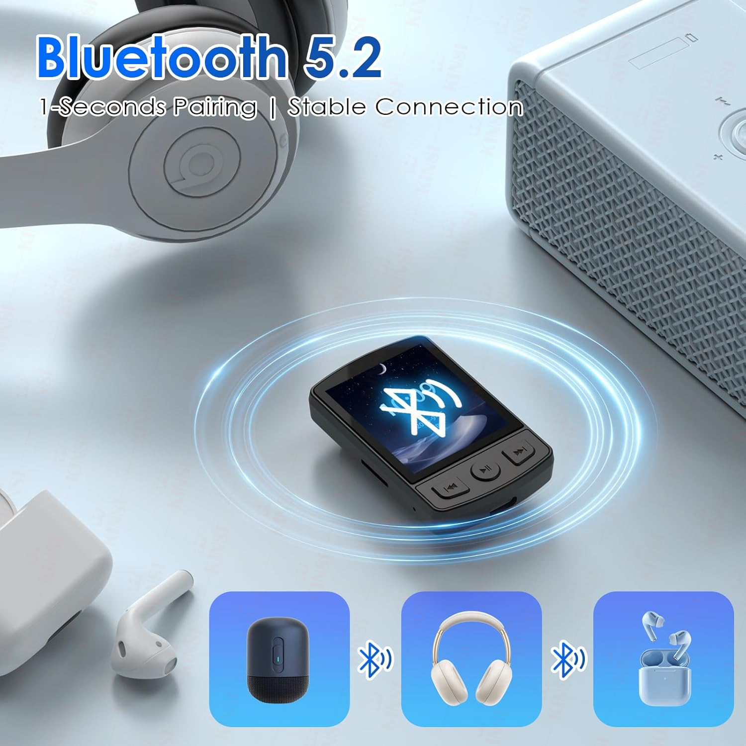 Bluetooth 5.2 Player mit Kopfhörern, Lautsprecher und Ohrhörern.