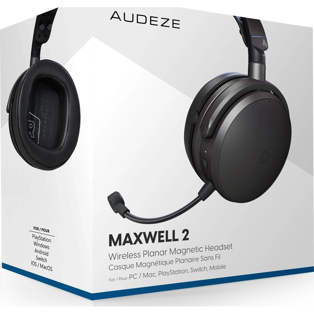 Cuffie Audeze Maxwell 2 nere su scatola, compatibili con PC, Mac, PlayStation, Switch, Mobile.