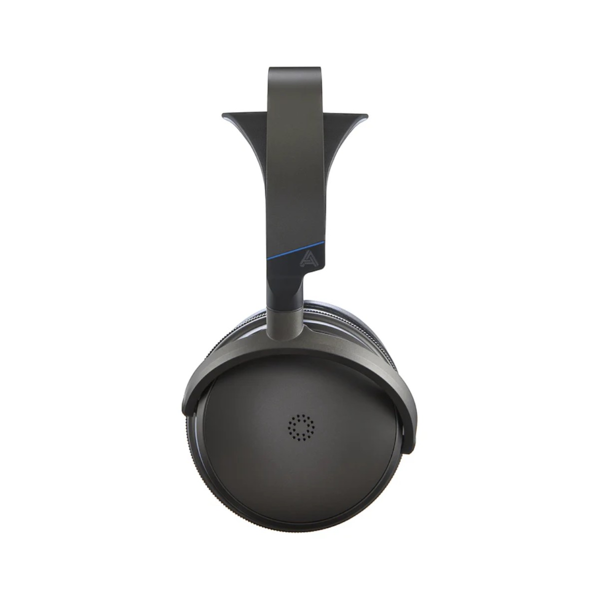 Cuffie grigio scuro con accento blu e logo sull'archetto.