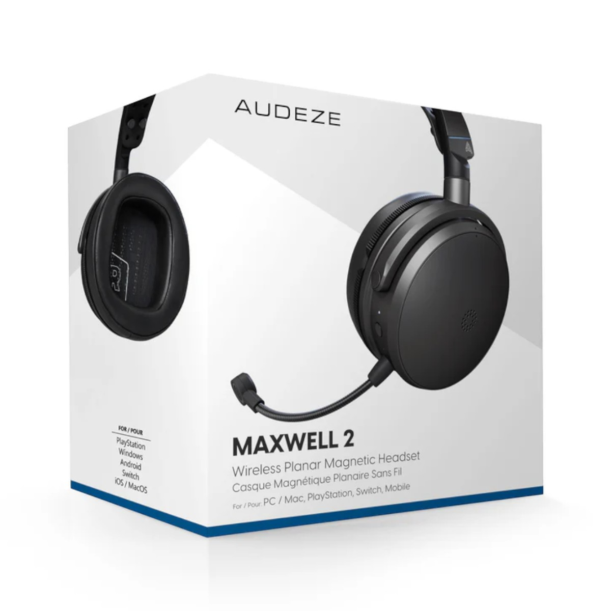 Scatola per cuffie wireless Audeze Maxwell 2 con microfono.