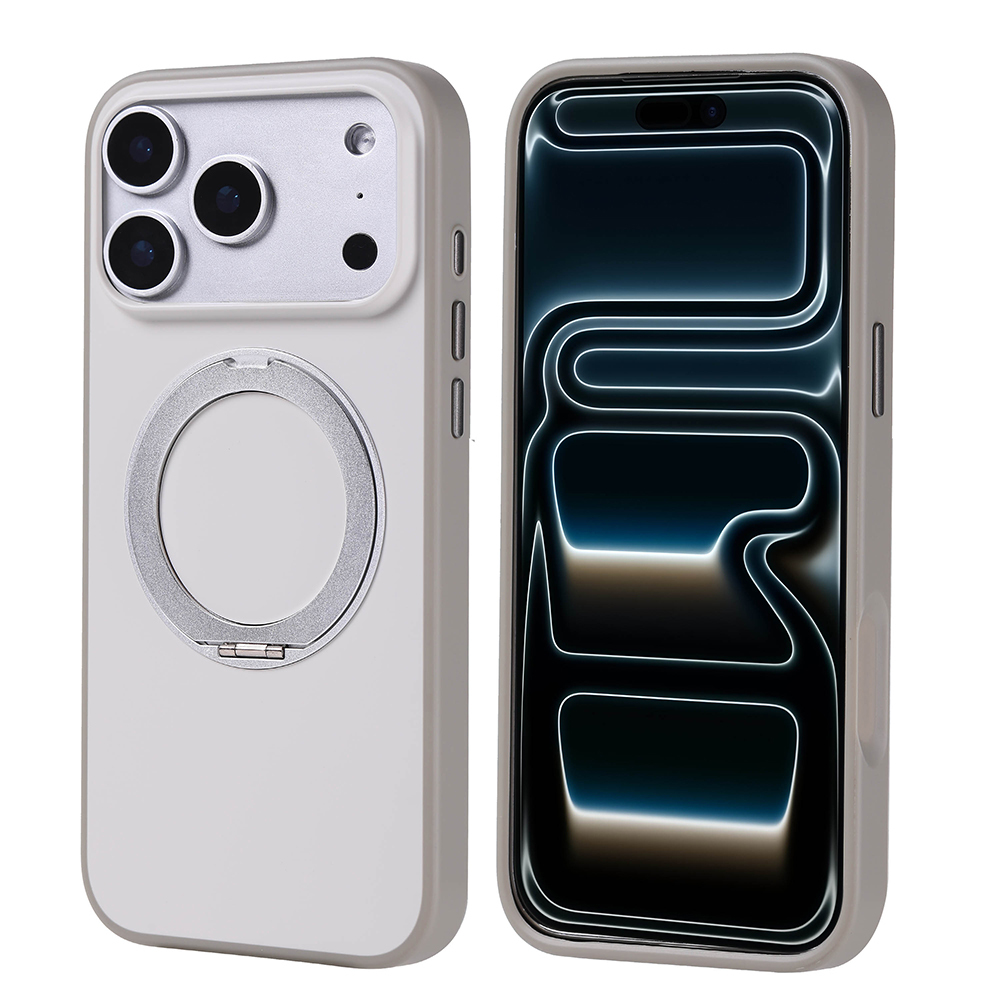 Üç kameralı ve halka tutuculu gri telefon kılıfı, yanında koyu ekranlı bir telefon.