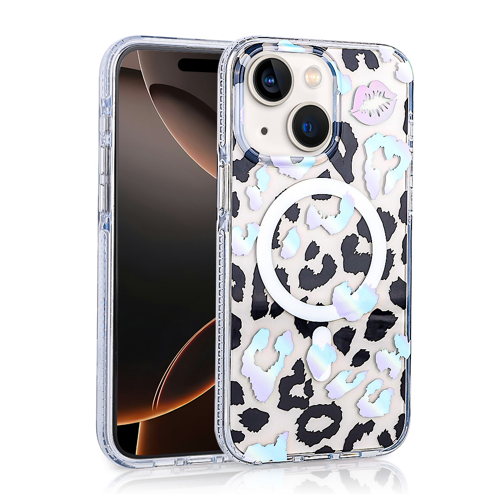 Leopar desenli ve dudak tasarımlı şeffaf telefon kılıfı.