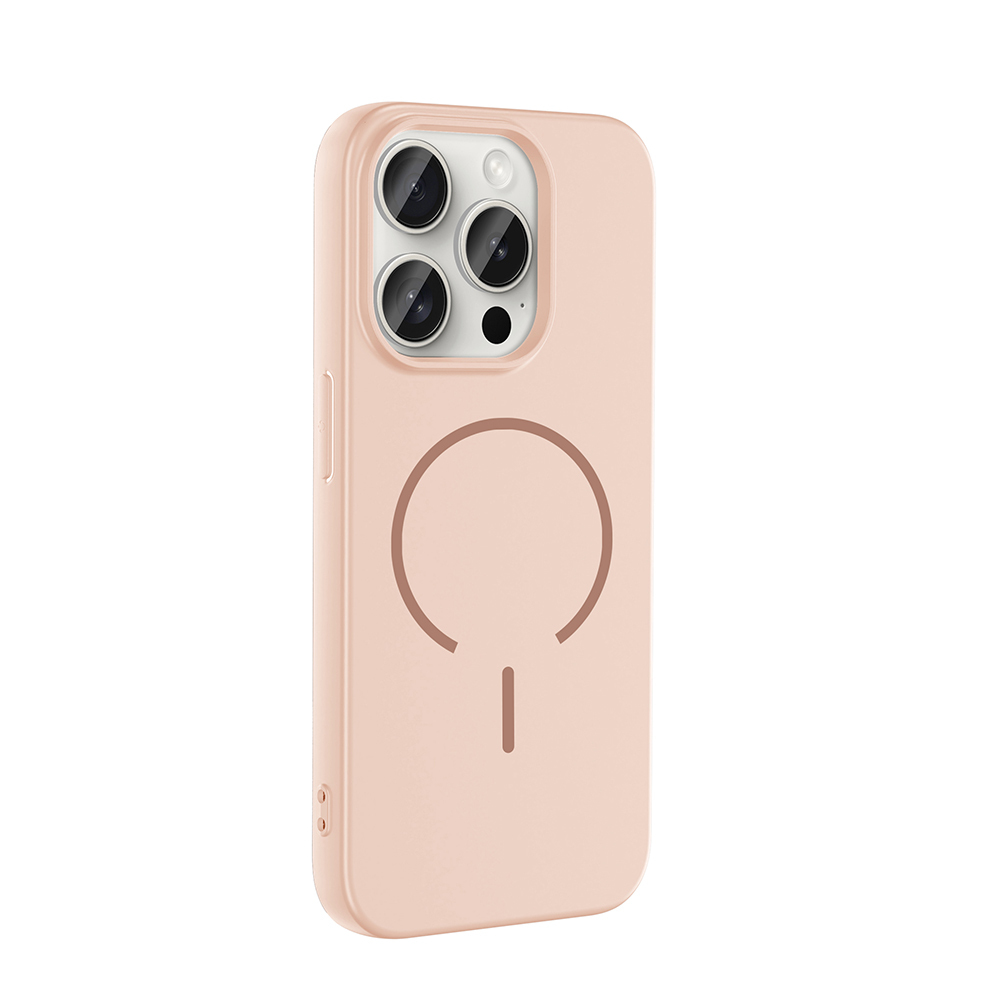 Üç kamera lensli ve manyetik halkalı pembe telefon kılıfı.