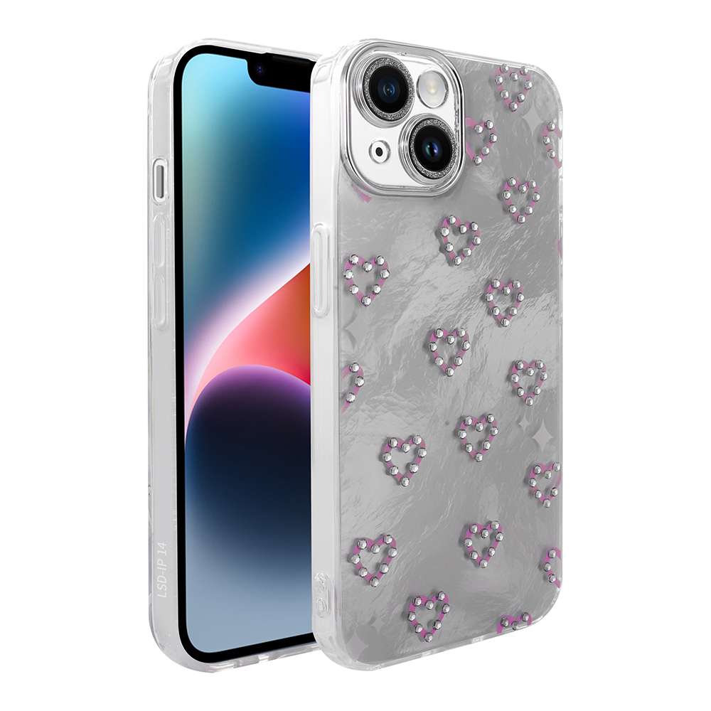 Telefon üzerinde gri kalp ve sim detaylı şeffaf telefon kılıfı.