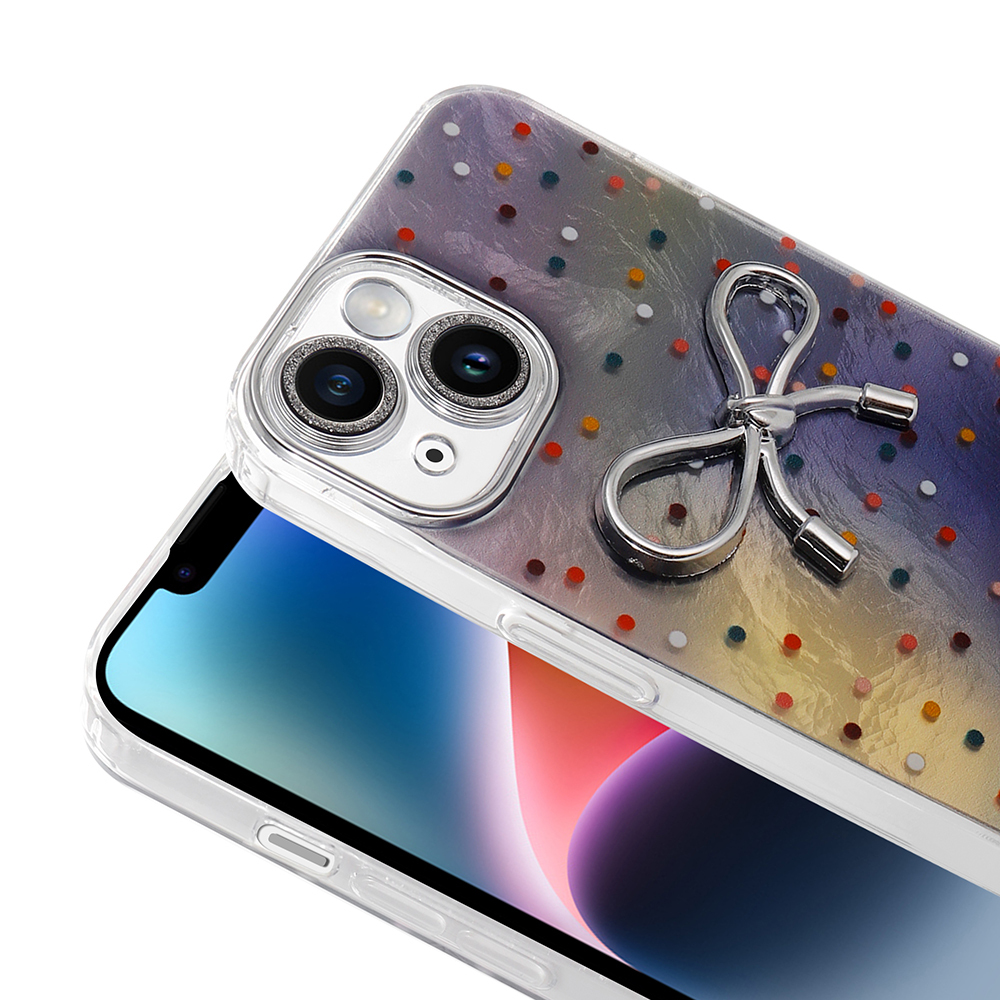 Simli puantiyeli ve fiyonk halka tutuculu iPhone kılıfı.