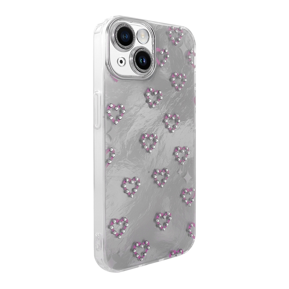 Pembe kalp desenli ve ışıltılı detaylı gümüş telefon kılıfı.