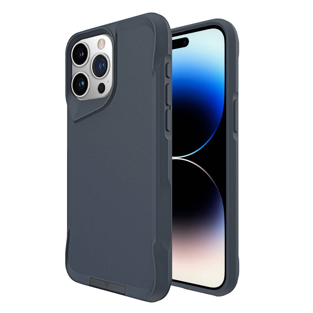 Koyu gri telefon, arka kameralı ve mavi ekranlı.