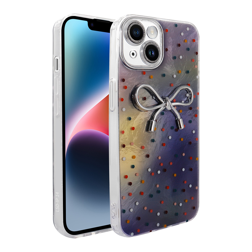 Renkli puantiyeli ve gümüş yay halkalı şeffaf telefon kılıfı.