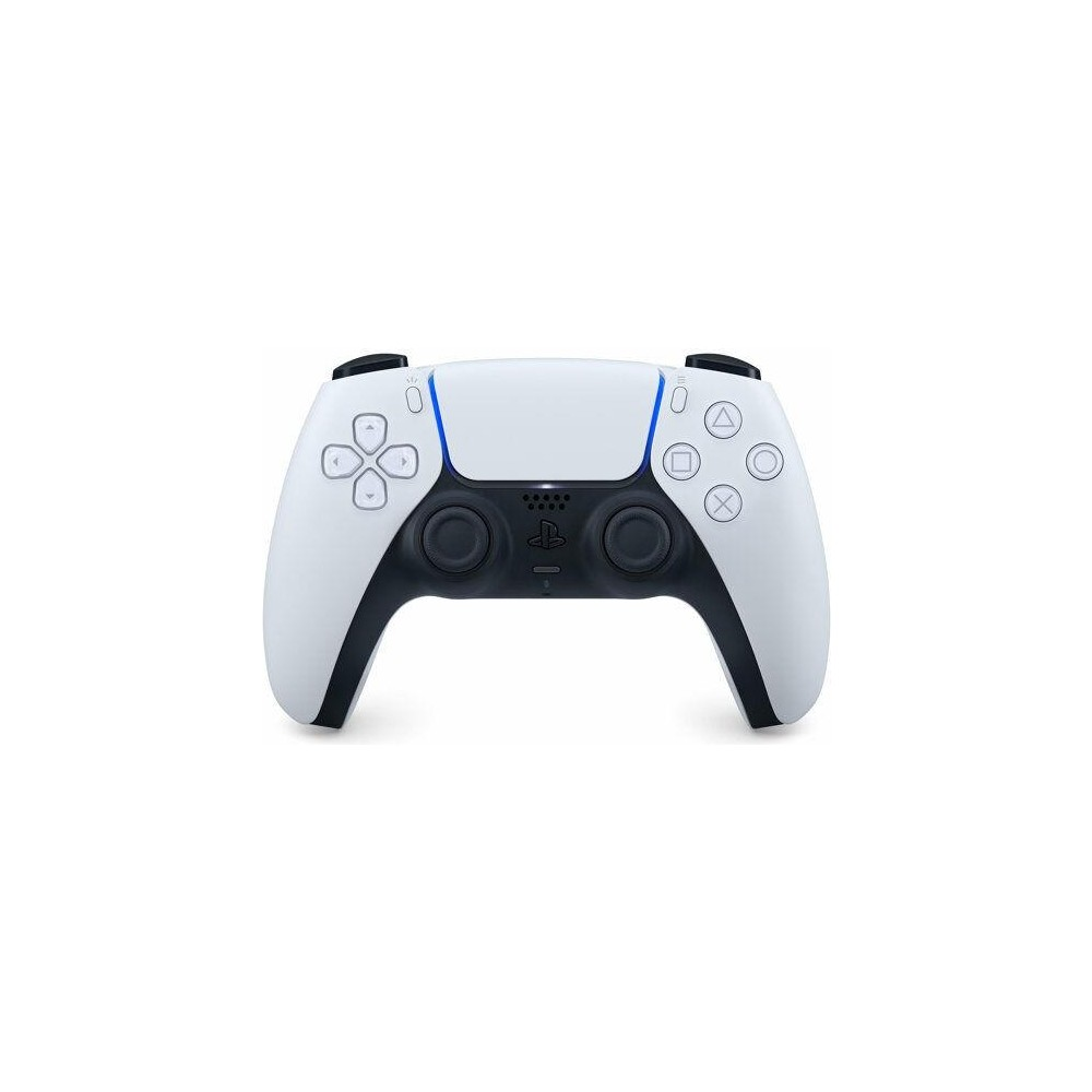 Siyah vurgulu beyaz bir PlayStation 5 kontrolcüsü.