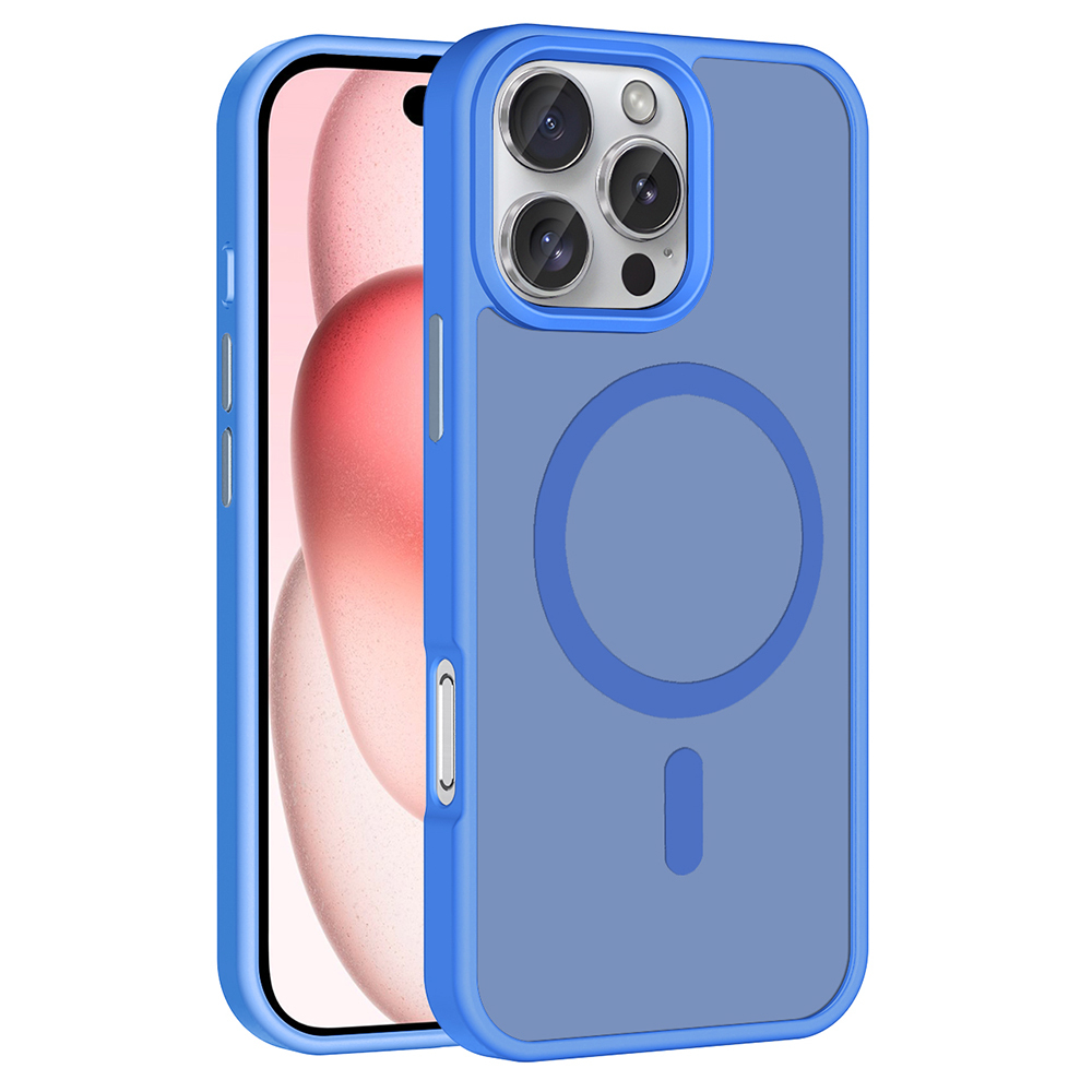 Telefon üzerinde manyetik halka ve kamera kesimli mavi telefon kılıfı.