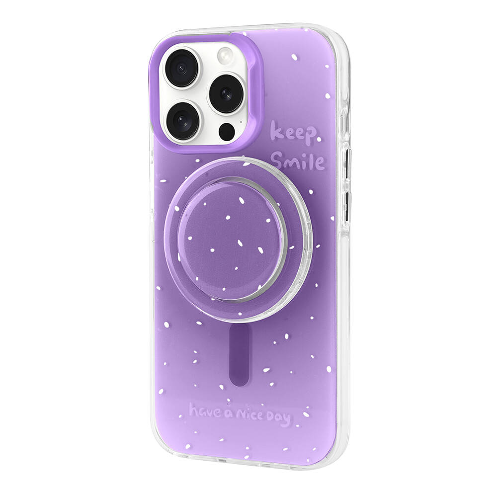 Beyaz noktalı, kamera halkalı, yazılı mor telefon kılıfı.