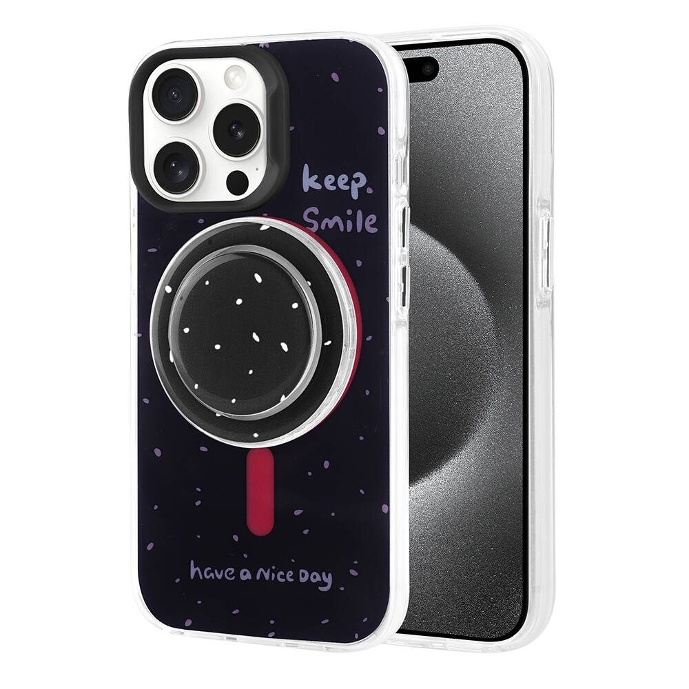 Beyaz noktalı, büyüteç grafikli ve metinli koyu renk telefon kılıfı.