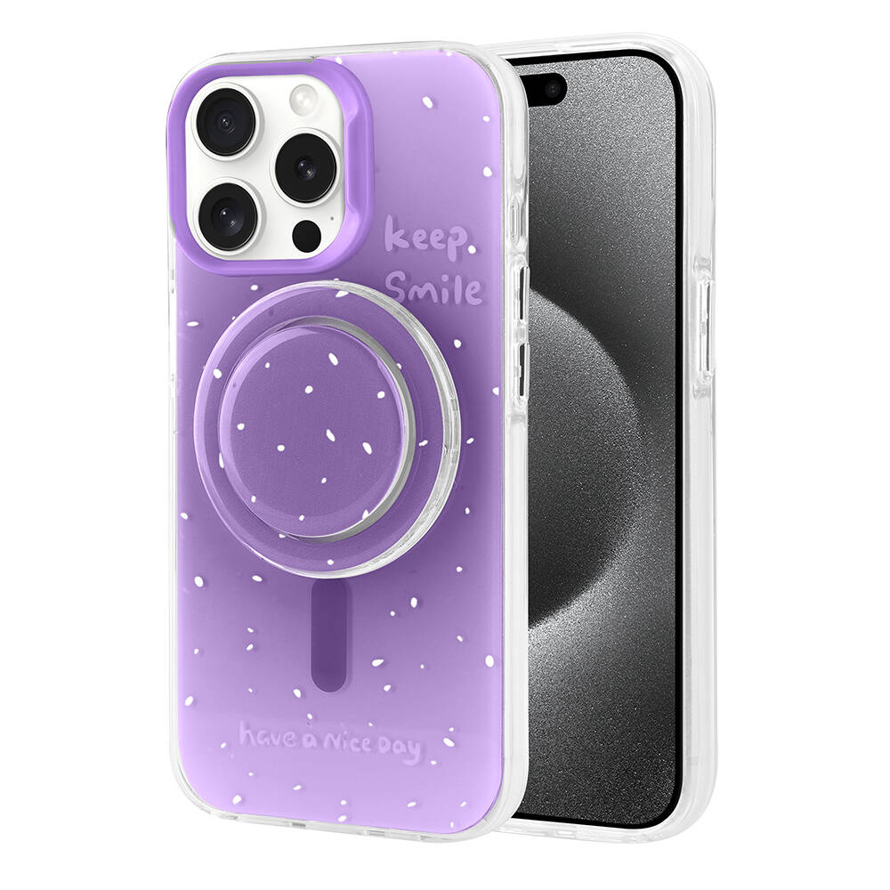 Noktalı ve 'keep. Smile' yazılı mor telefon kılıfı.