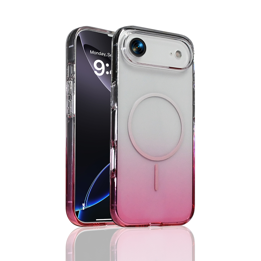 Pembe degrade renkli şeffaf telefon kılıfı, saat 9:00 gösteren ekran.