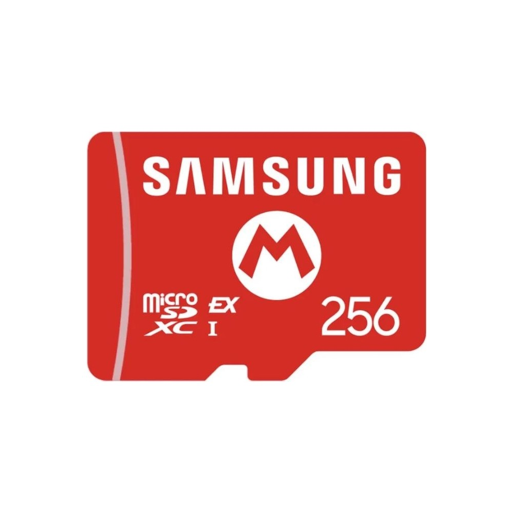 Beyaz M logolu kırmızı Samsung Micro SDXC kart, 256 GB.