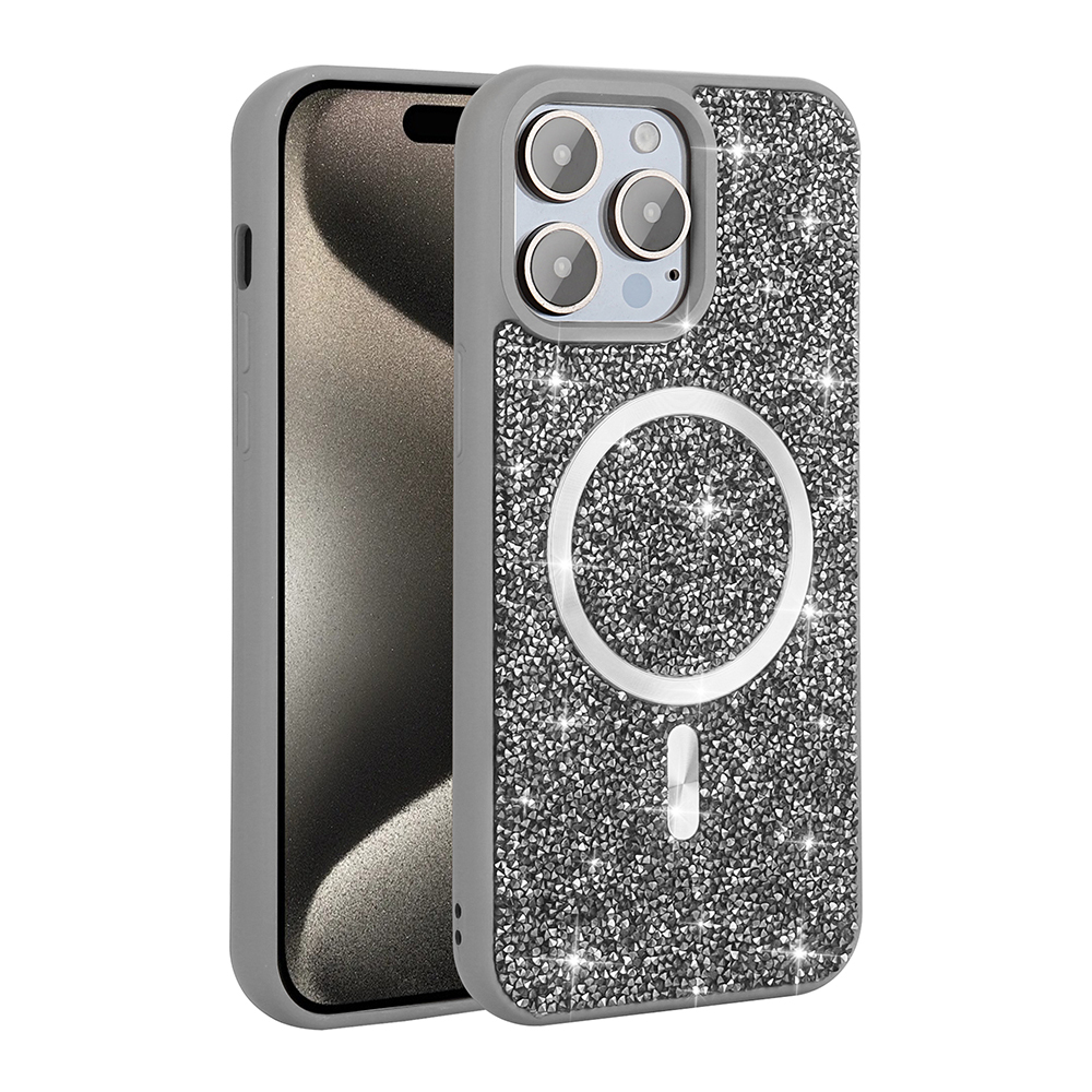 Parlak kılıflı gri telefon ve kamera dizisi. Manyetik halka görünür.