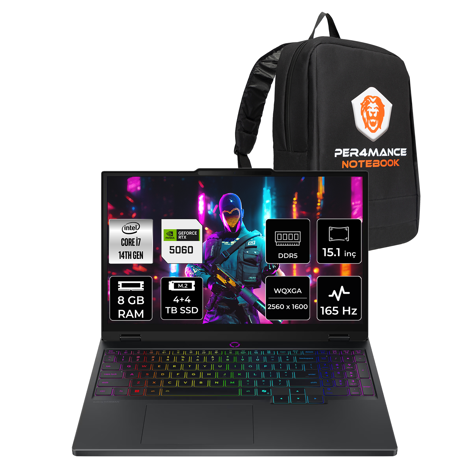 Intel Core i7, NVIDIA RTX 5060, 8 GB RAM'li dizüstü bilgisayar ve sırt çantası.