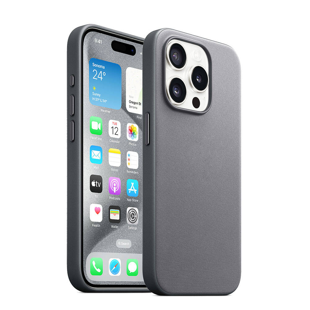 Uygulamalar ve hava durumu ile ana ekranı gösteren bir telefonun yanında gri bir iPhone kılıfı gösterilmektedir.