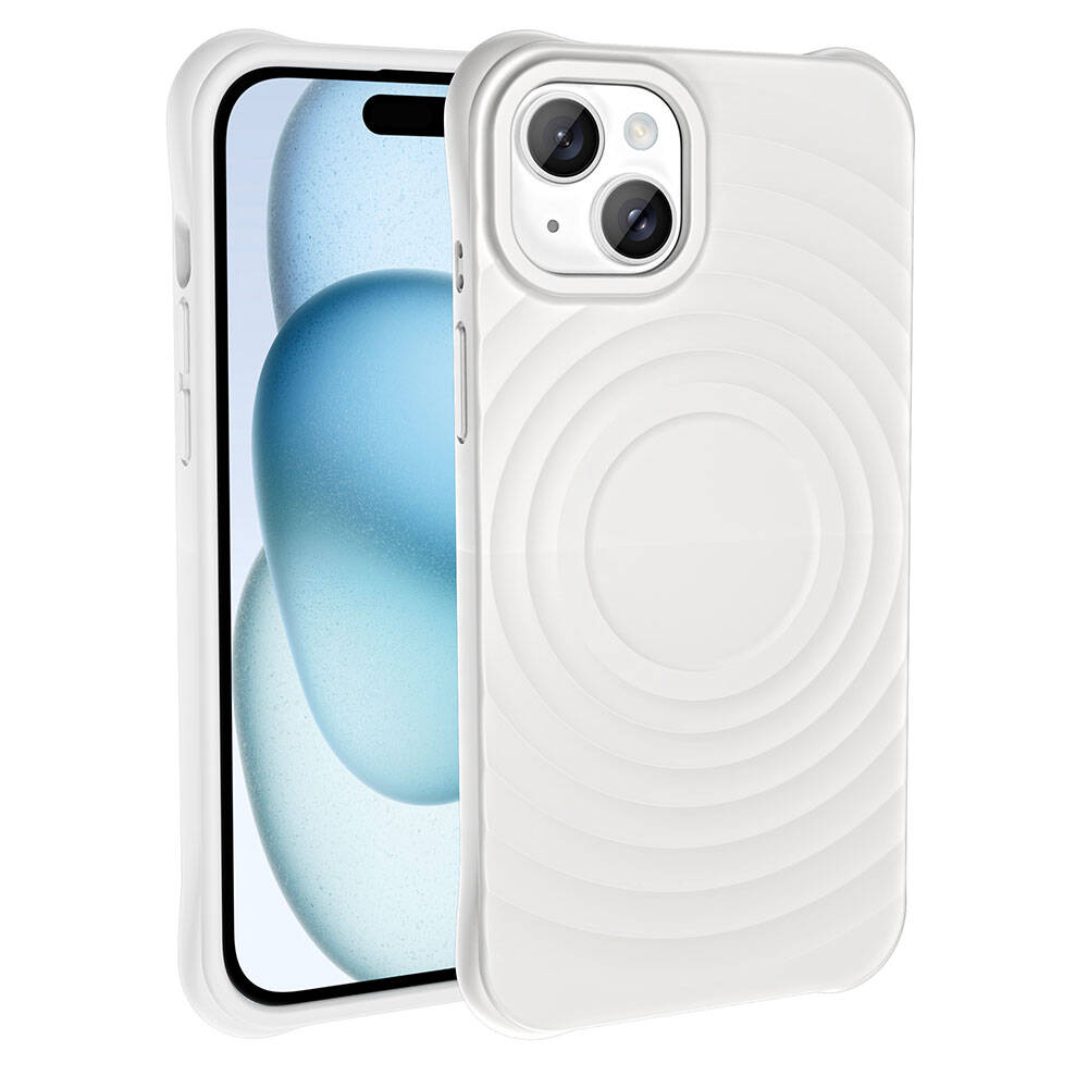 Daireler ve kamera kesimi olan beyaz iPhone kılıfı.