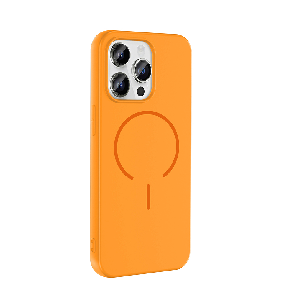 Kamera kesimli ve manyetik halkalı turuncu telefon kılıfı.