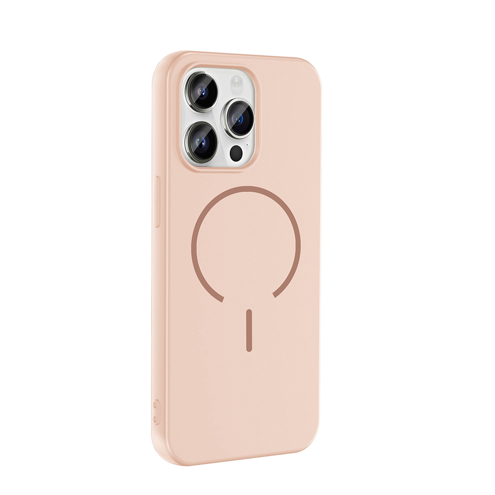 Arkada dairesel ve çizgili desene sahip pembe telefon kılıfı.