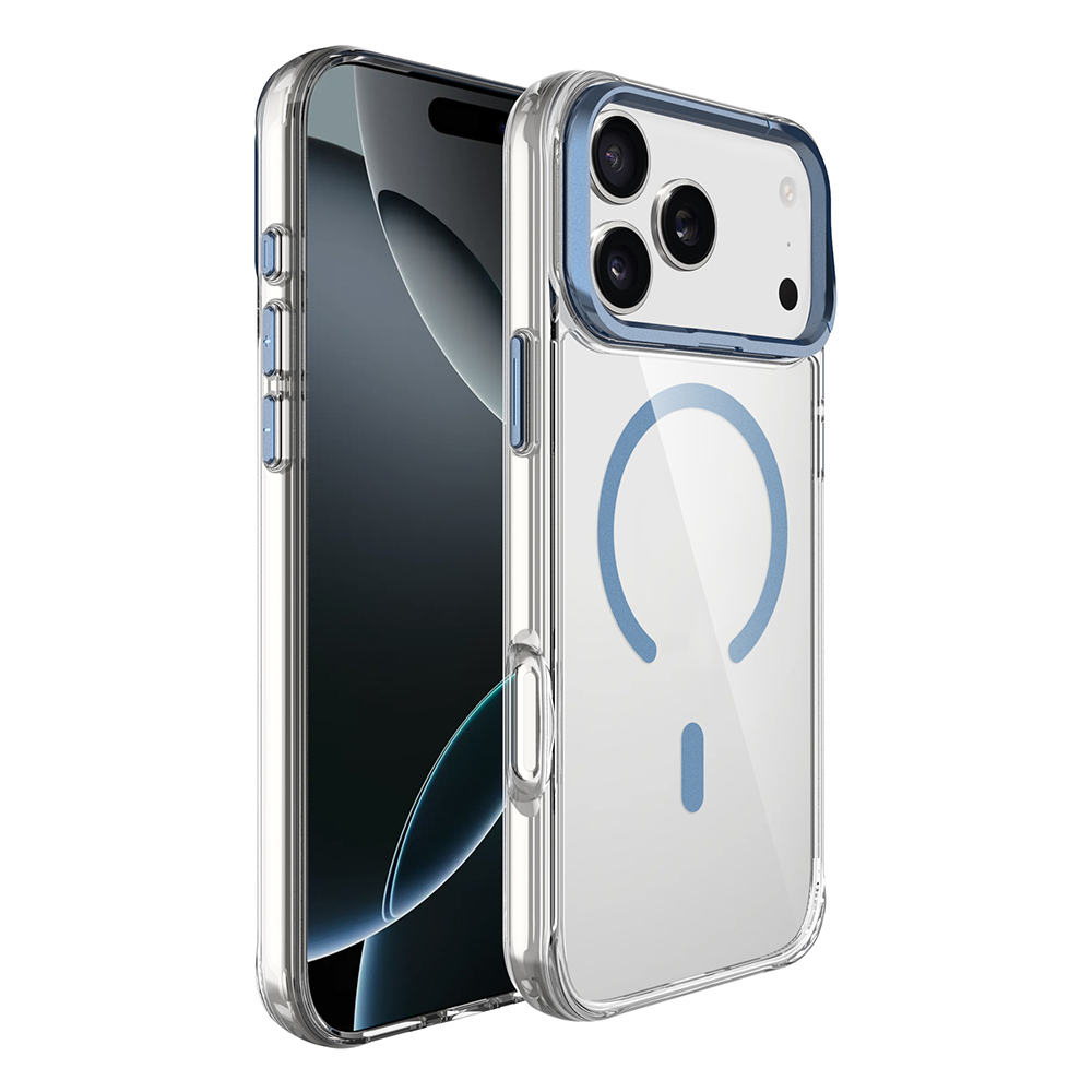 Mavi kenarlı şeffaf telefon kılıfı, üç kameralı bir iPhone'un arkasını gösteriyor.
