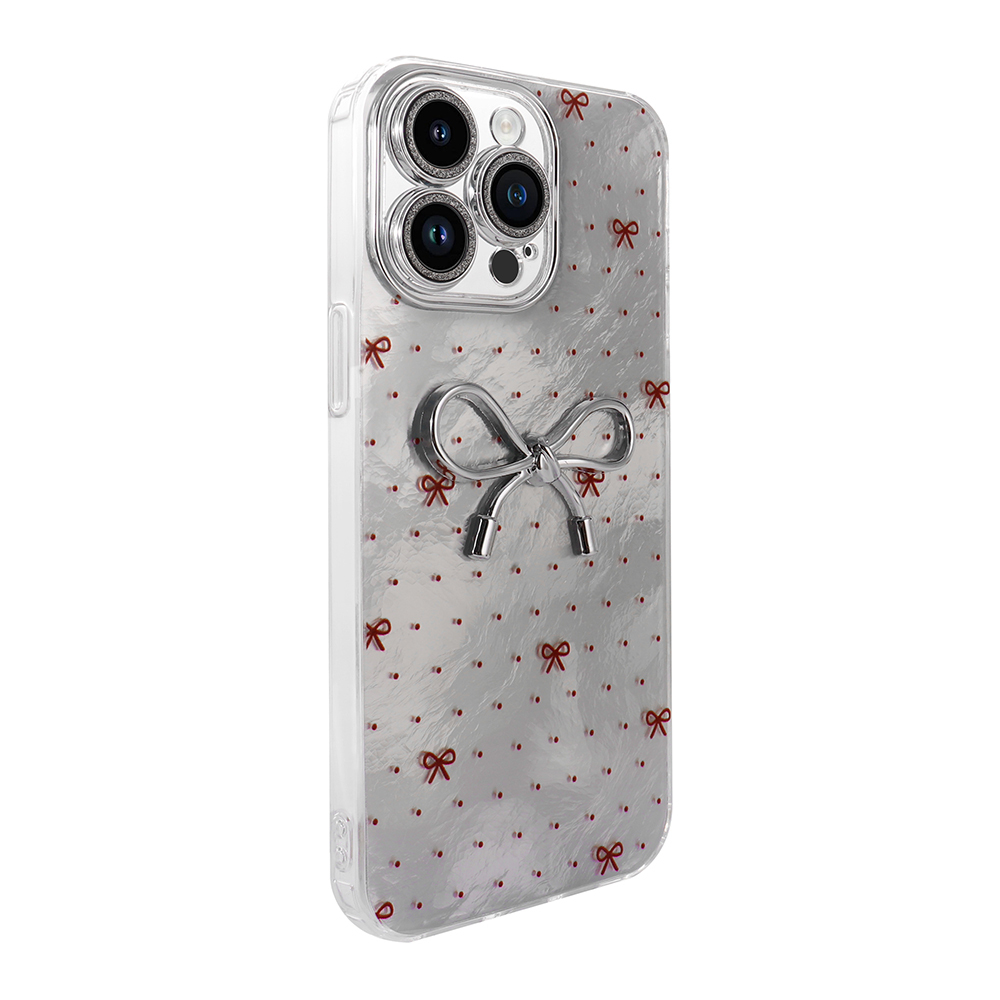 Gümüş fiyonk desenli ve kırmızı noktalı şeffaf telefon kılıfı.