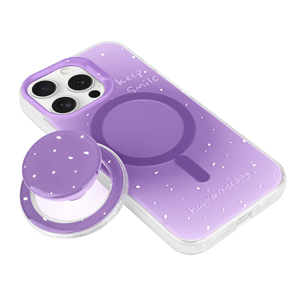 Beyaz noktalı mor telefon kılıfı, telefon tutucu ve 'keep. Smile' yazısı.