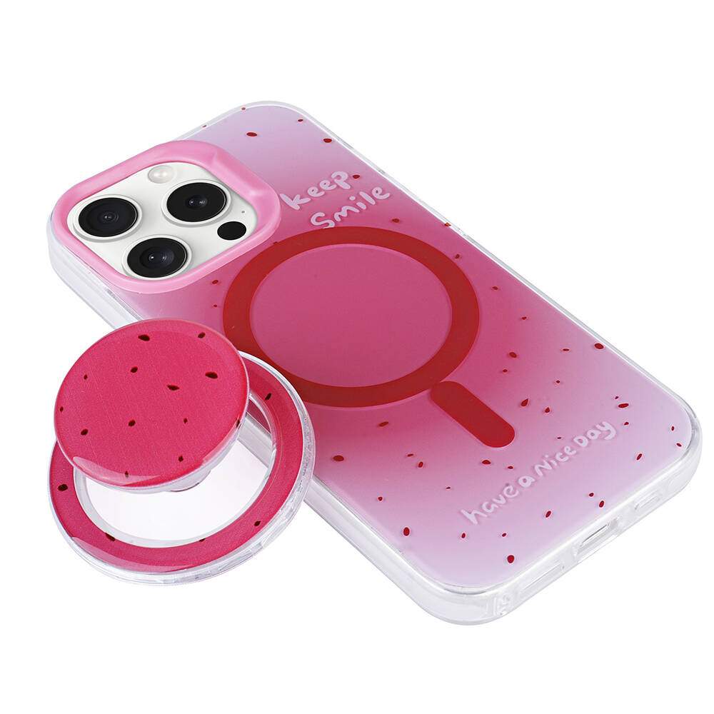 Mıknatıslı halkalı ve çilek desenli pembe telefon kılıfı.