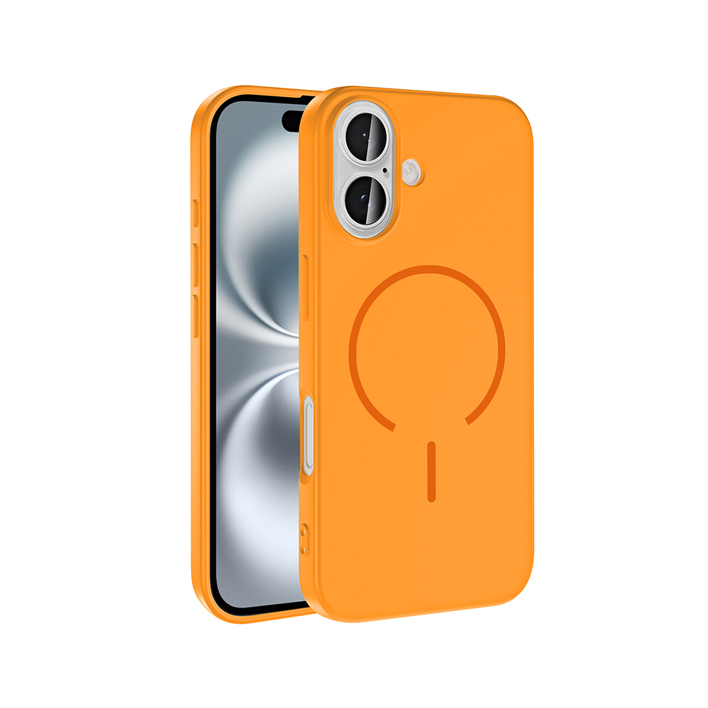 Kameralı kesik ve manyetik halkalı turuncu telefon kılıfı.