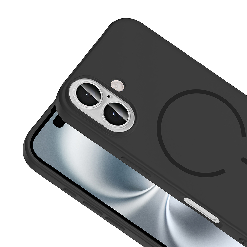 Çift kamera kesimli, dairesel detaylı siyah telefon kılıfı.