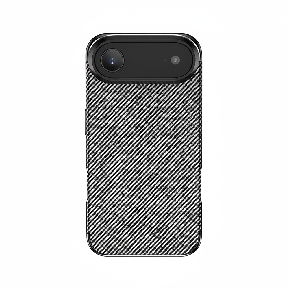 Üstte iki kamera lensli, karbon fiber desenli siyah akıllı telefon.