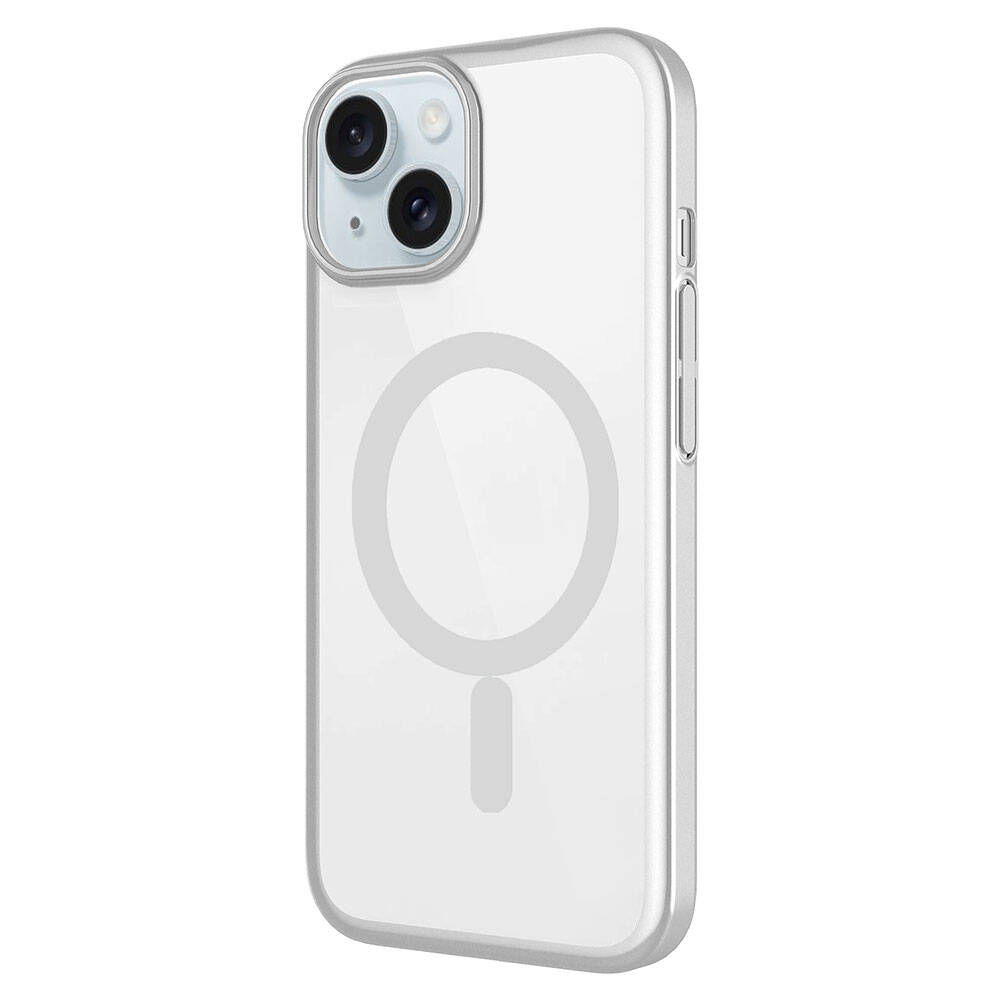 Gümüş kenarlı ve MagSafe halkalı şeffaf telefon kılıfı.