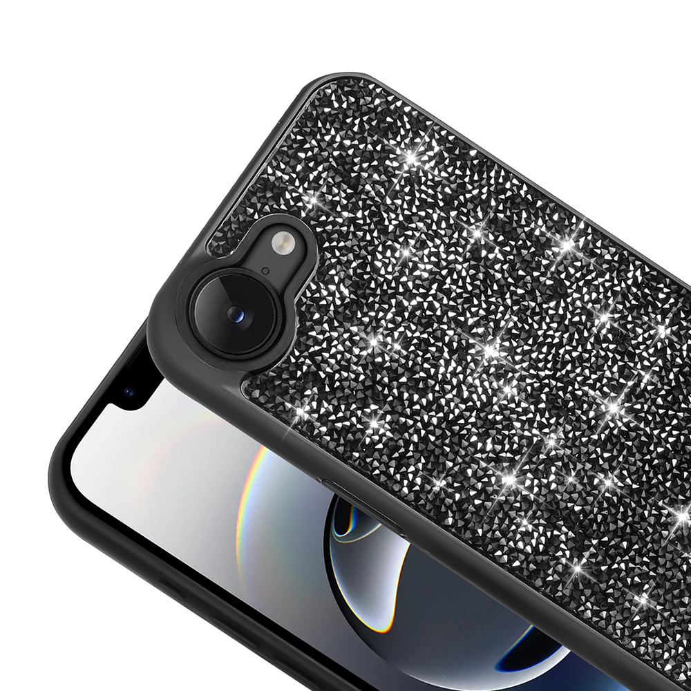 Simli taşlı, kamera kesimli siyah telefon kılıfı.