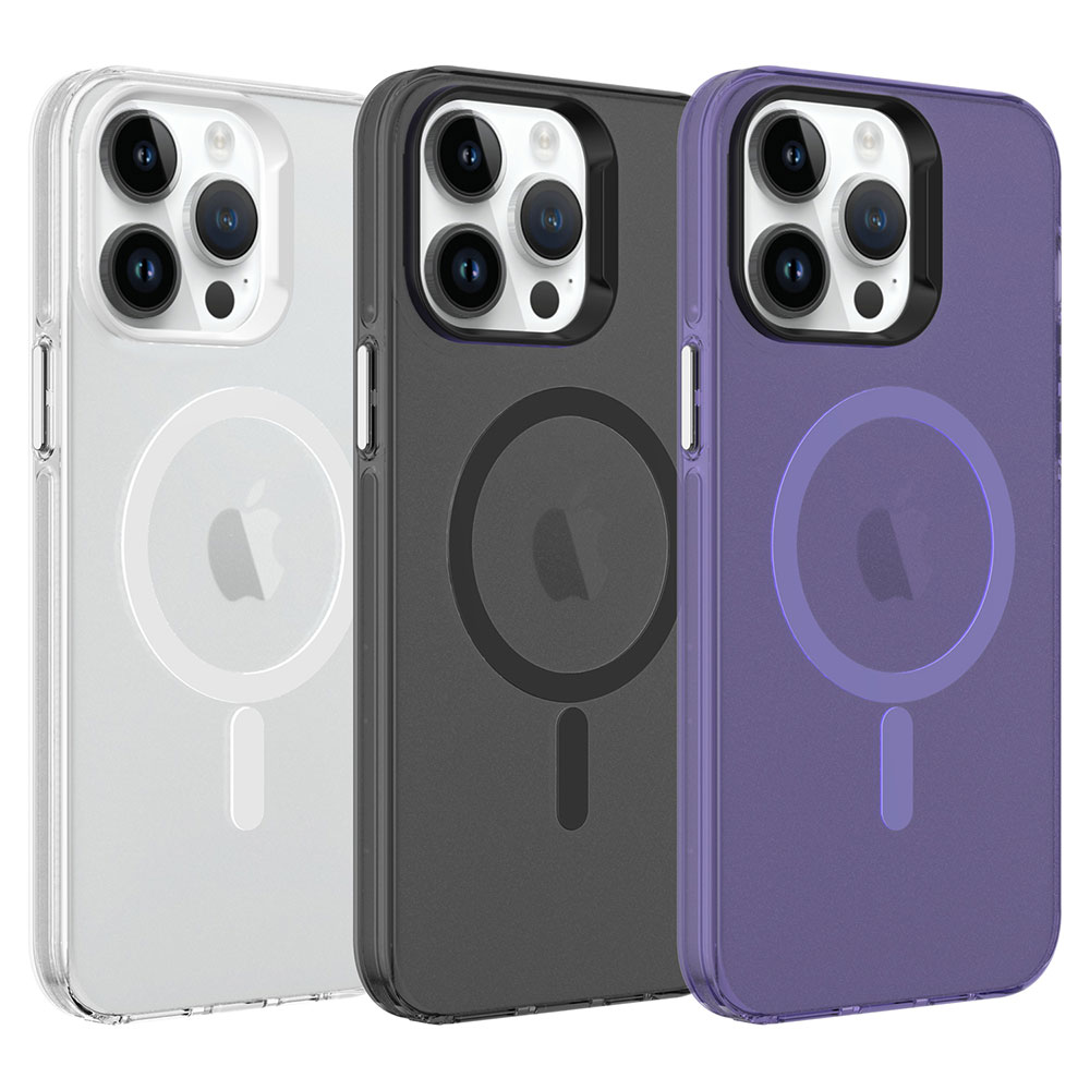 Yan yana beyaz, siyah ve mor renkte üç iPhone kılıfı, kameraları ve Apple logosunu gösteriyor.