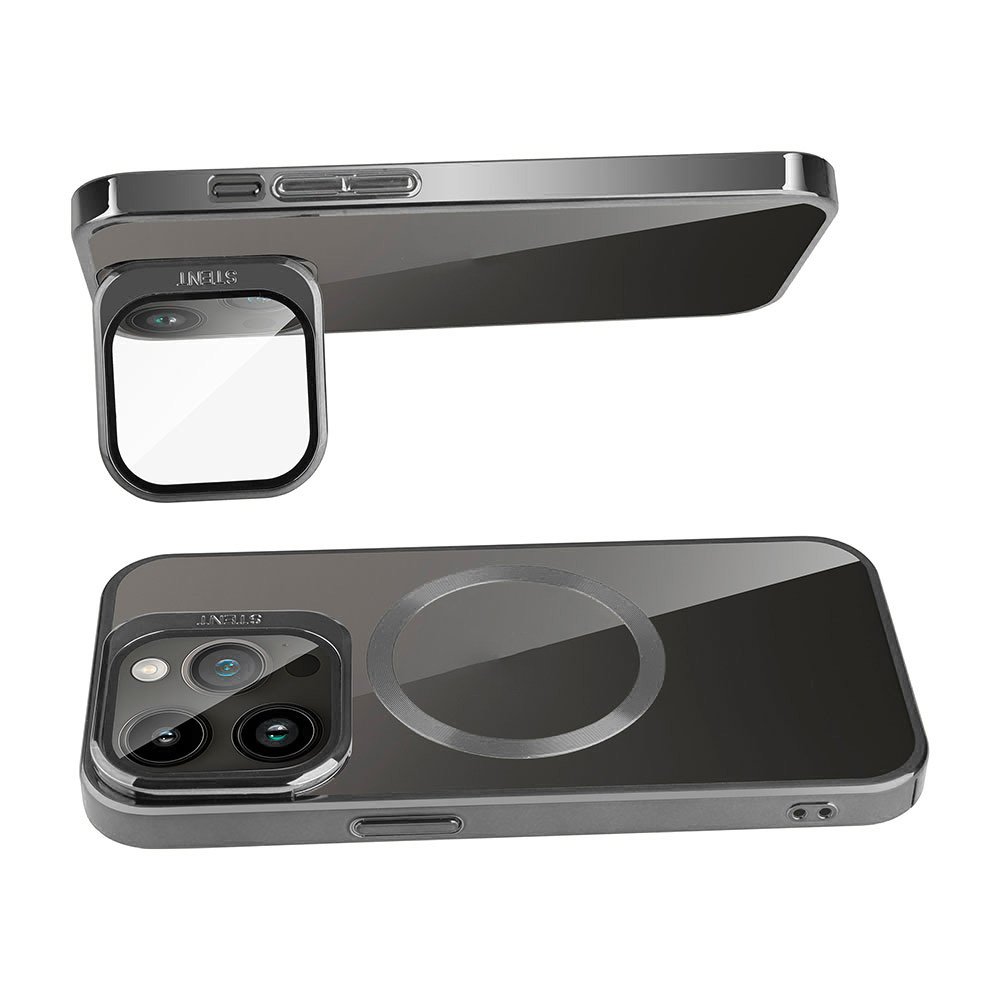 Kamera lens koruyuculu ve manyetik halkalı koyu gri telefon kılıfı.