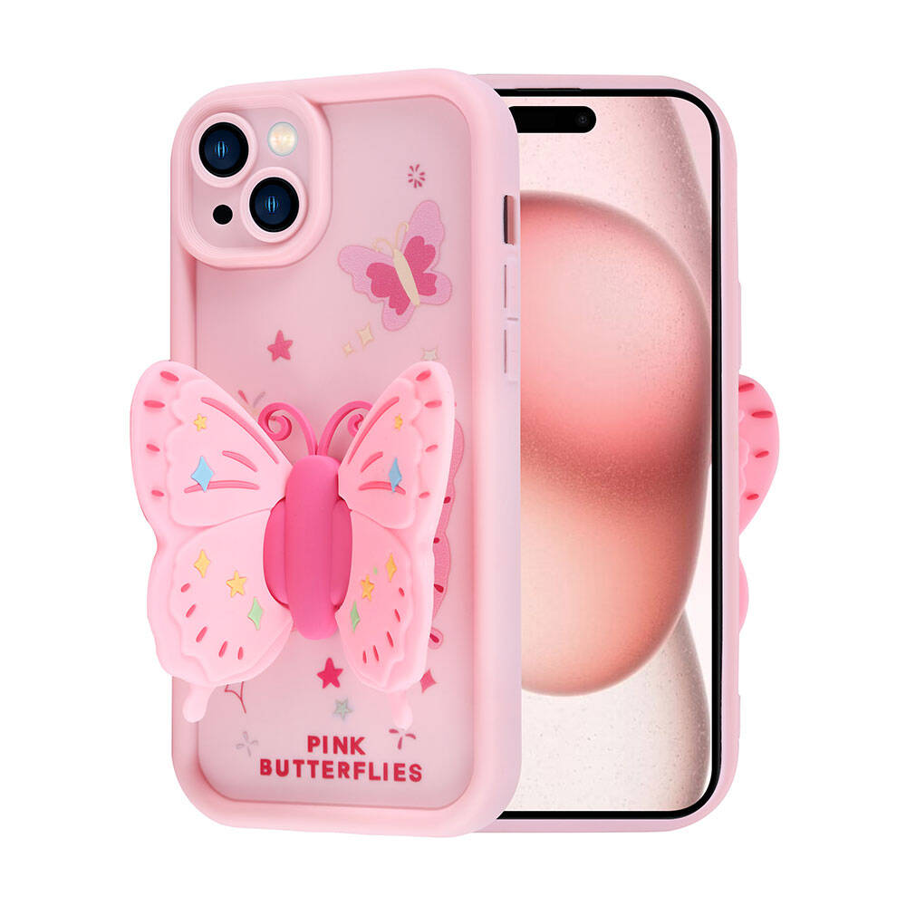 Kelebek aplikeli ve yıldızlı pembe telefon kılıfı.