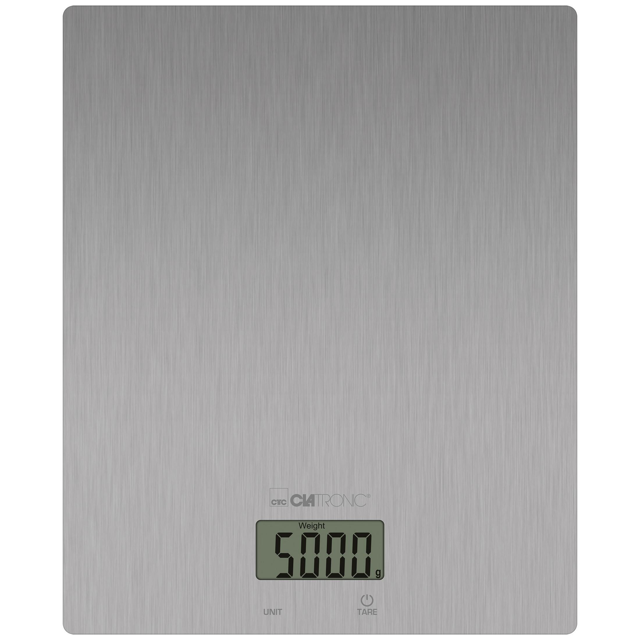 Eine silberne Küchenwaage zeigt 5000 Gramm an. Unten sind Tasten für Einheit und Tara.