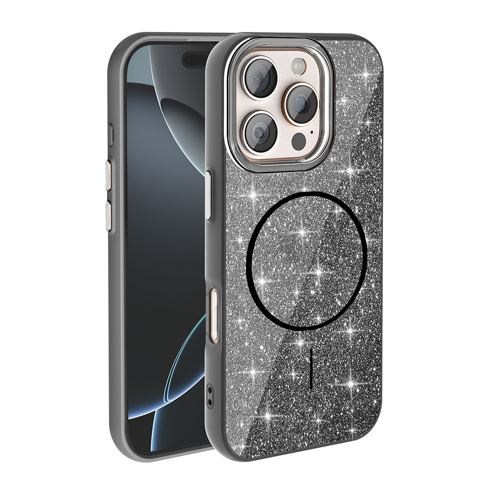 Kamera kesimli ve manyetik halkalı parlak siyah iPhone kılıfı gösteriliyor.