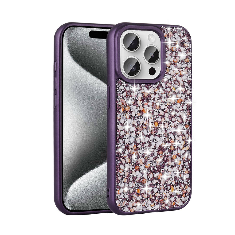 Simli taşlı, üç kameralı mor iPhone kılıfı.