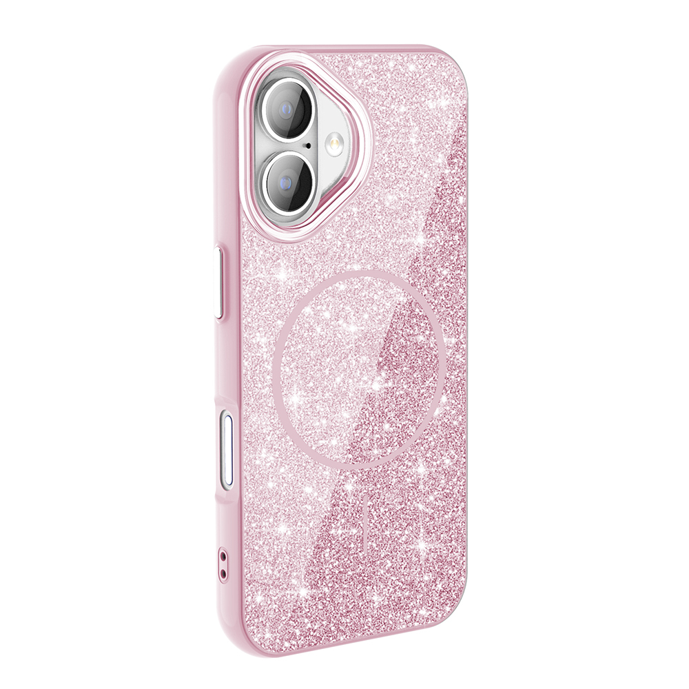 MagSafe halkalı pembe simli telefon kılıfı.