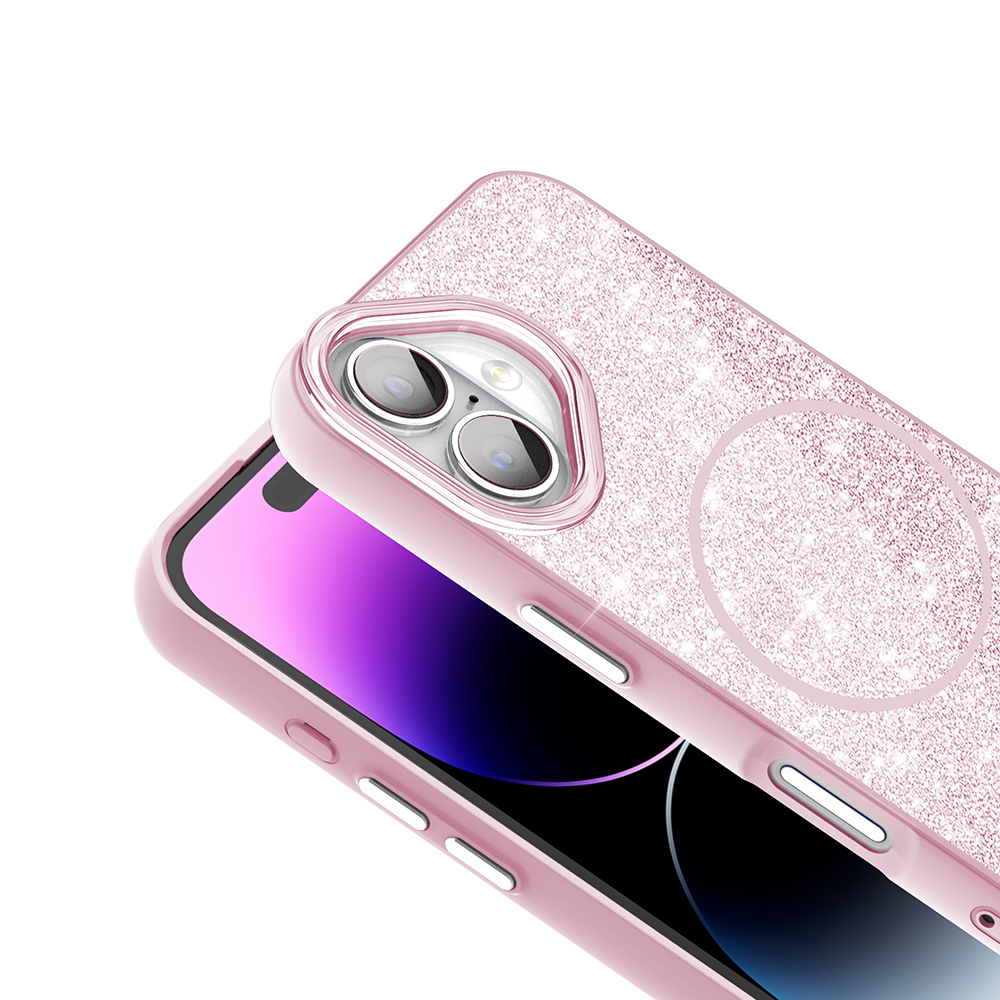 Açık renkli telefonda kamera kesimli pembe simli telefon kılıfı.