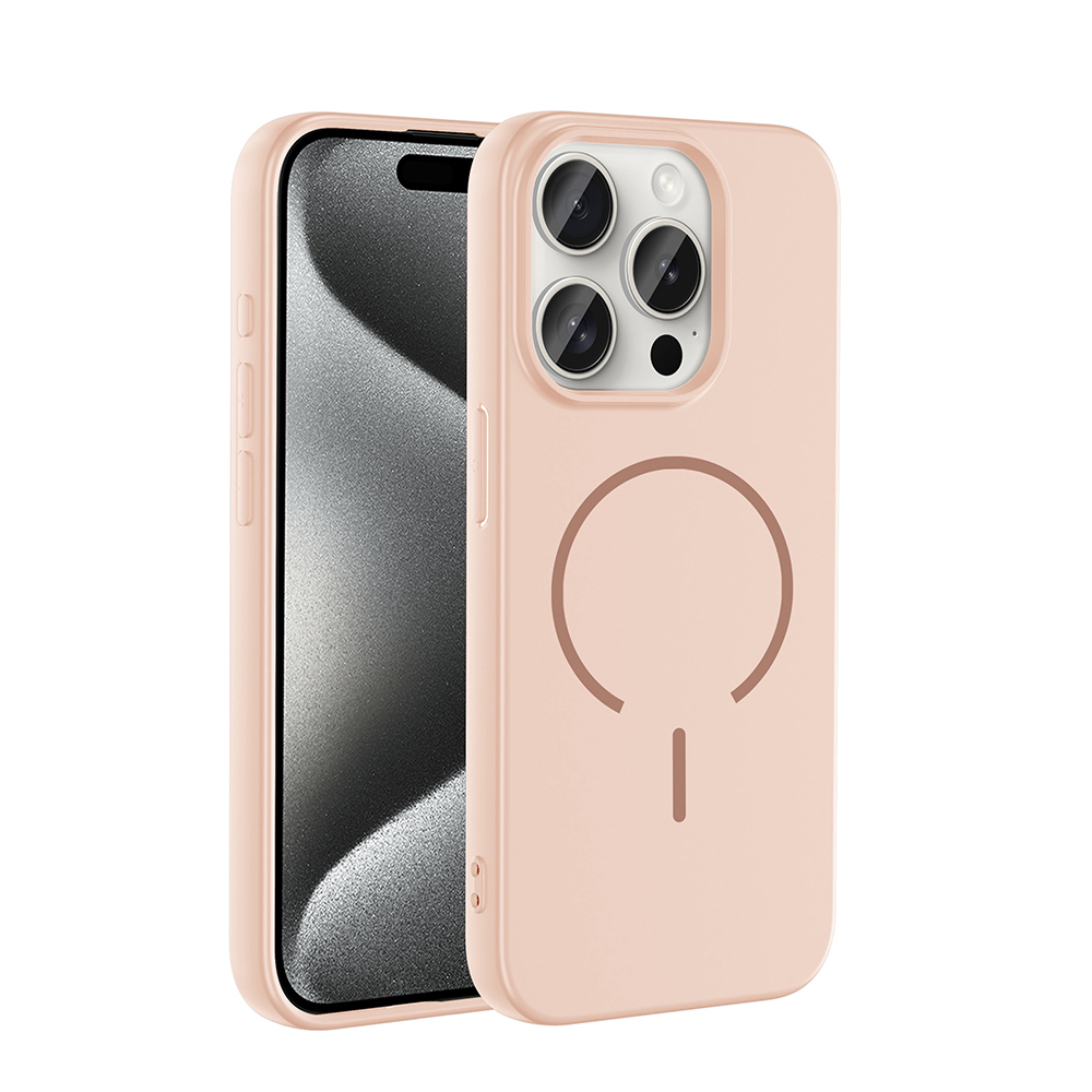 Üç kamera lensli ve şarj halkalı pembe telefon kılıfı.